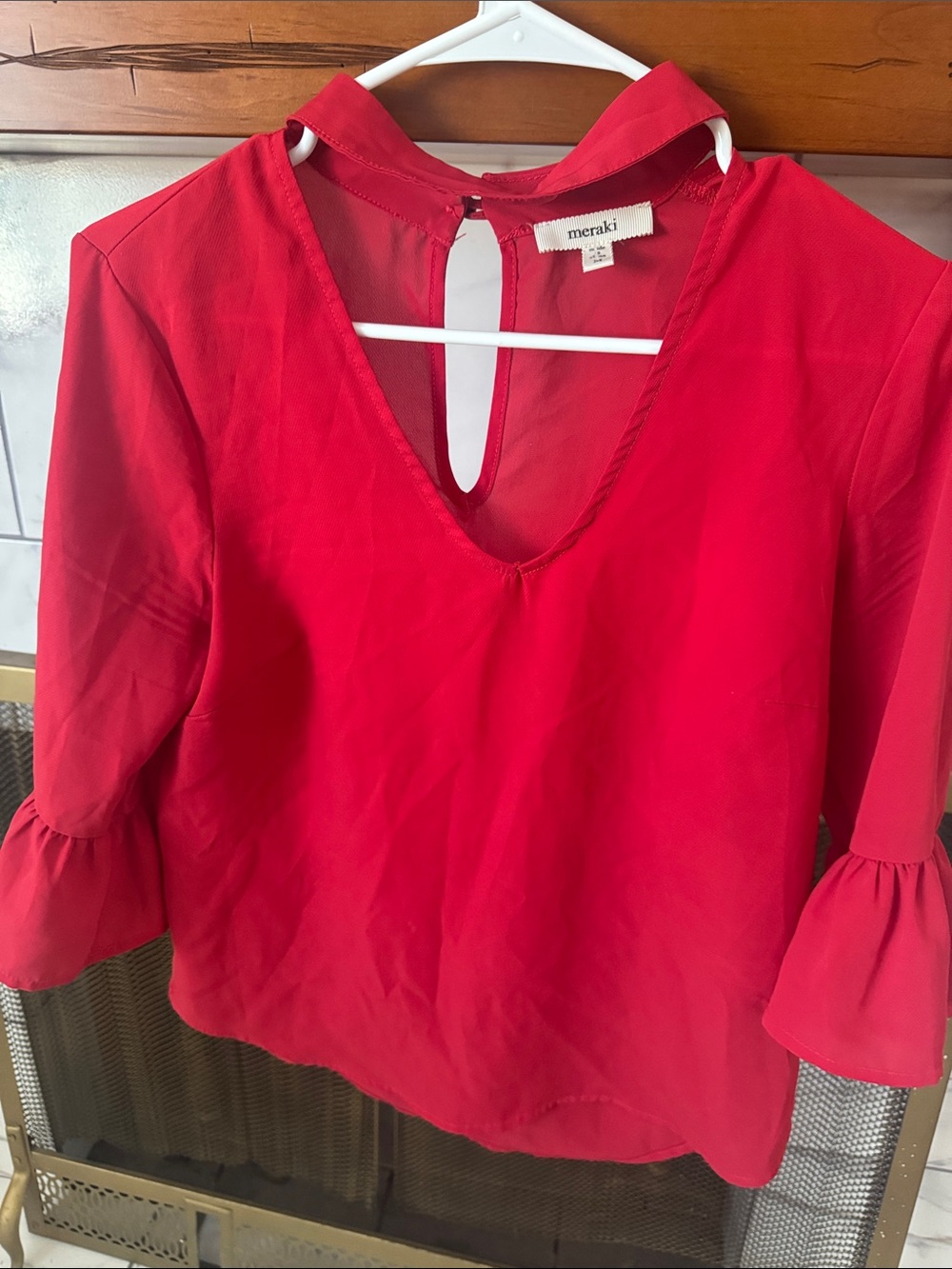 meraki Red V-Neck Ruffle Cuff Blouse